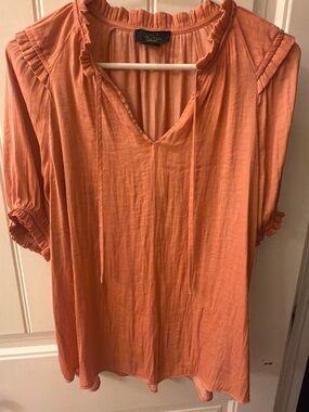 Rachel Peach Tie-Neck Ruffle Sleeve Blouse